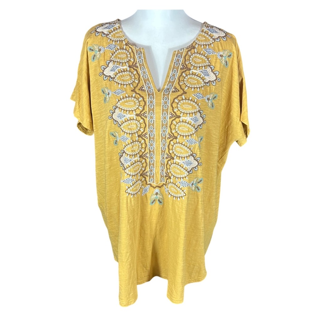 Pure Jill Embroidered Cap-Sleeve Tee Women XL Tall Curry Yellow Boho Split Neck